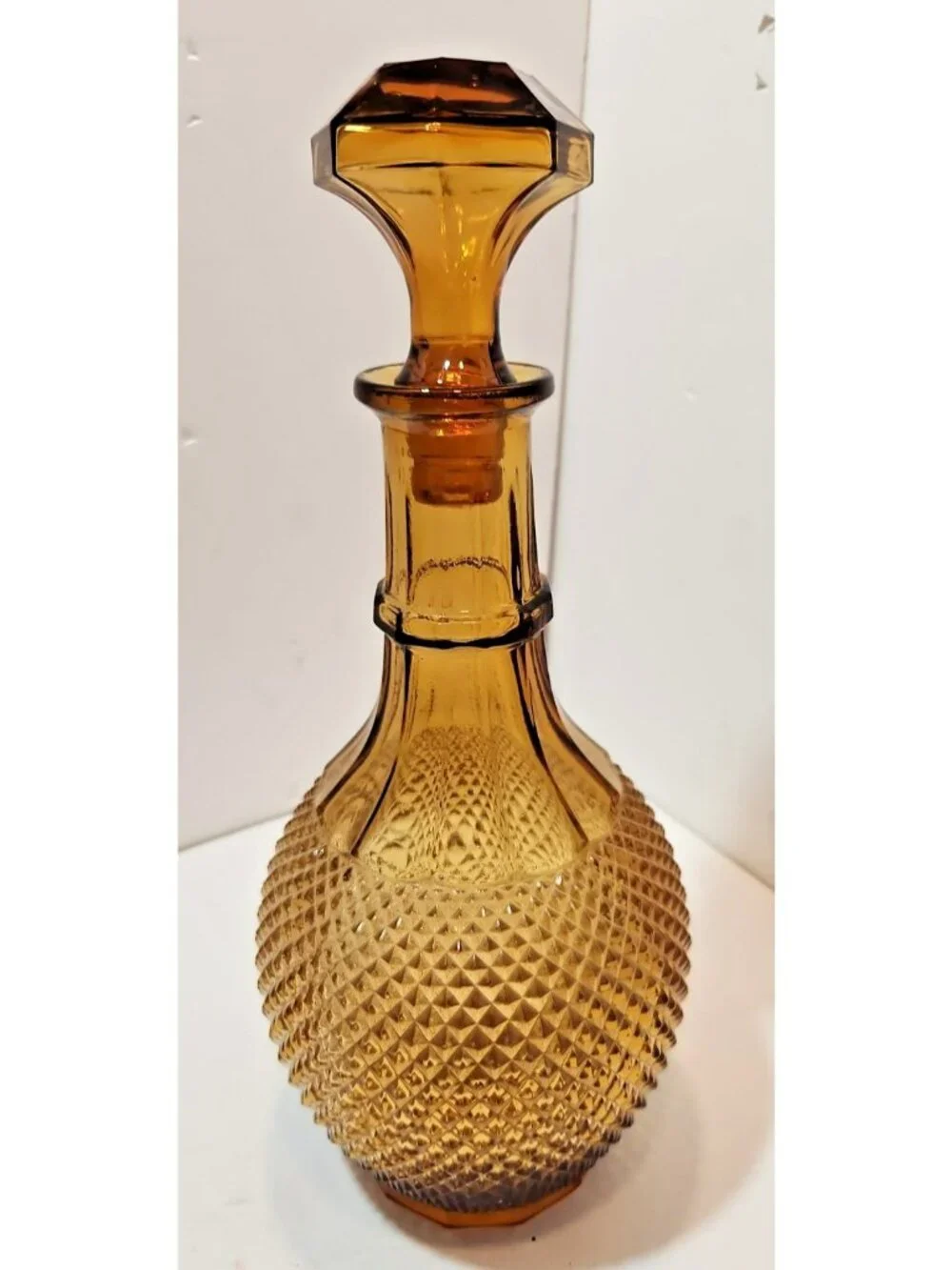 Vintage 1960's Amber Colored Hobnail Glass Wine/Liquor Decanter Bottle w/Stopper
